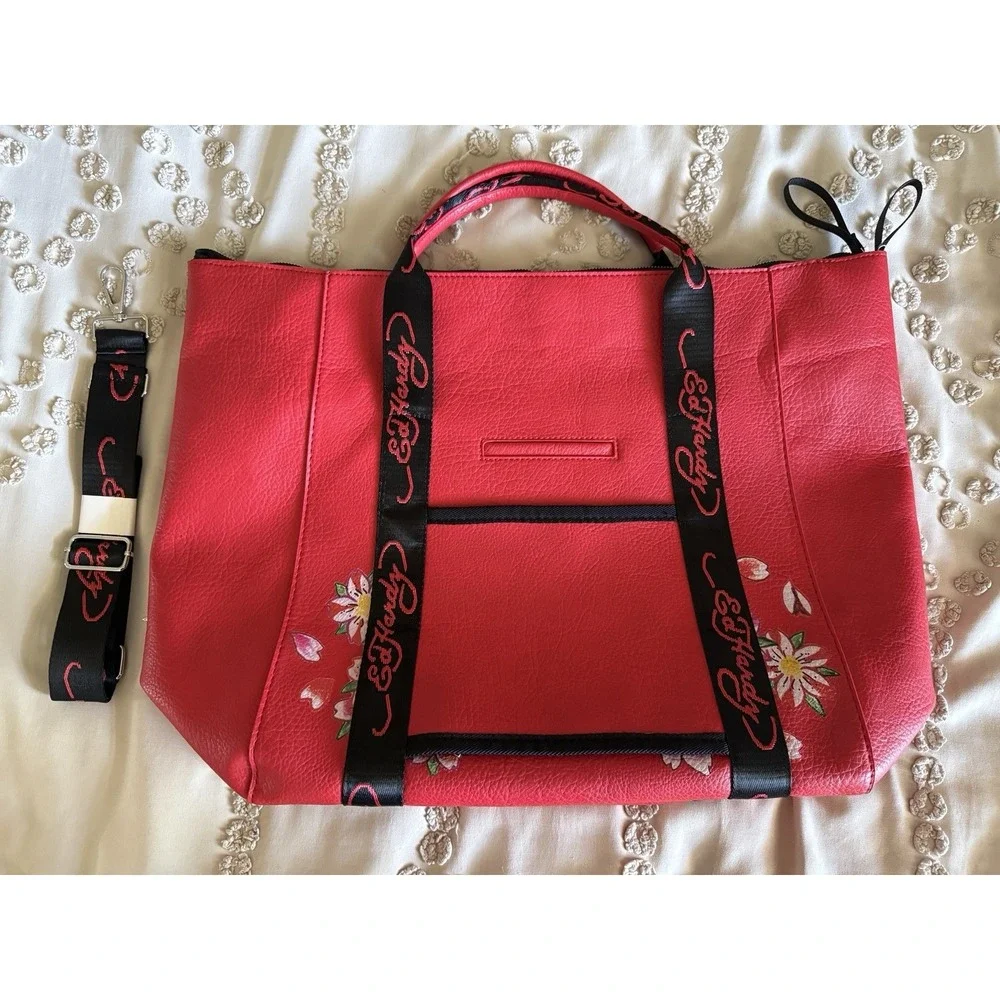 Ed Hardy Large Red Weekender Duffel Travel Tote Bag Skull Floral NWT Cherry Y2K